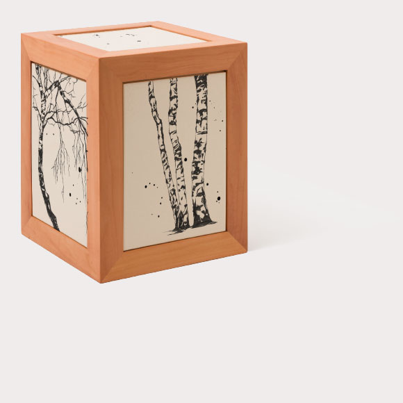 arca - Memory-box in legno di pero, motivo “betulle”, serigrafia in ceramica